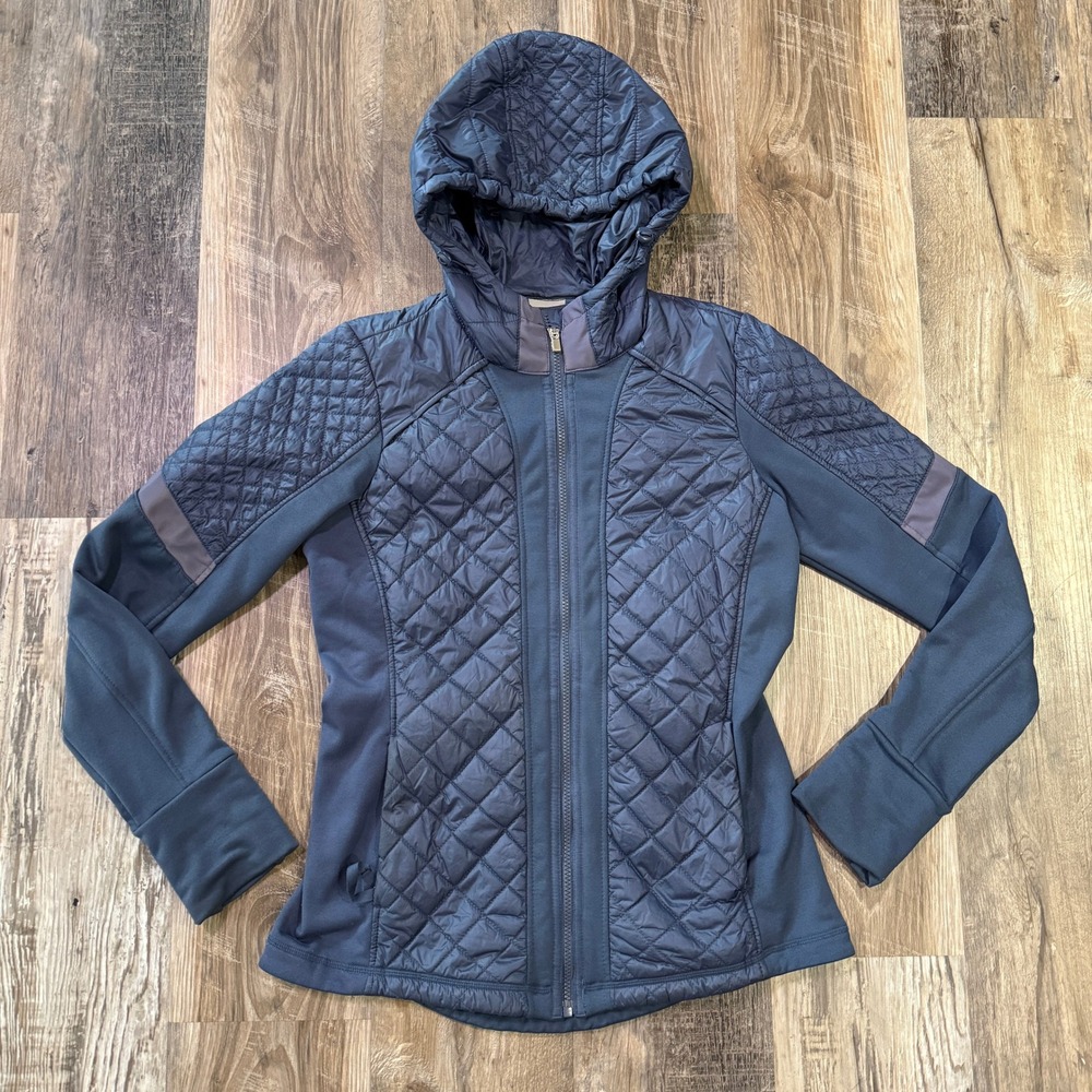 Athleta Rock Springs Jacket Women Med Blue Quilted Puffer Hybrid Hooded Full Zip